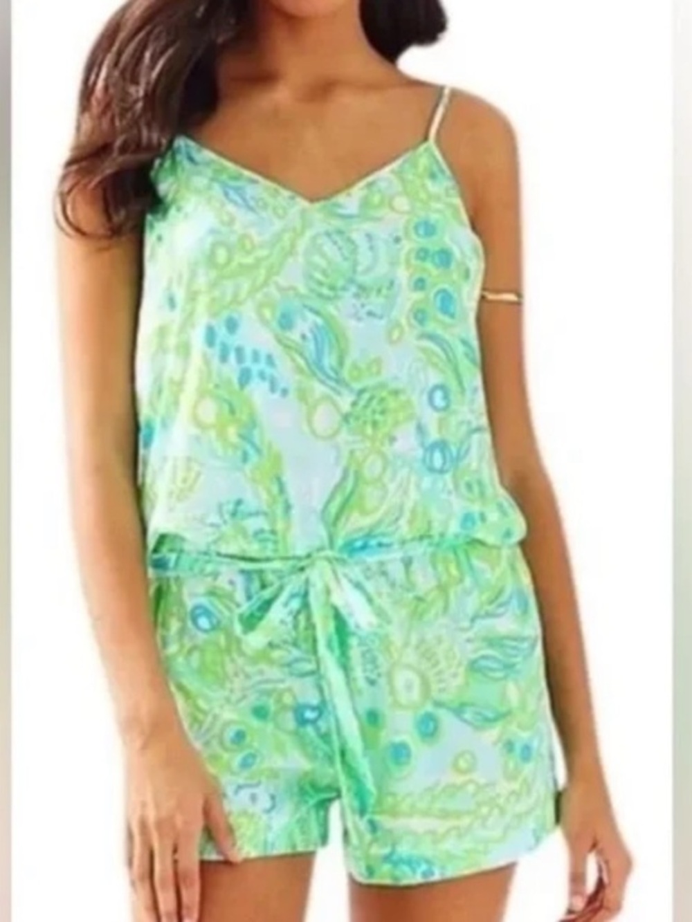 Lilly Pulitzer Deanna Pool Blue Green Any Fins Possible Romper xs new nwt